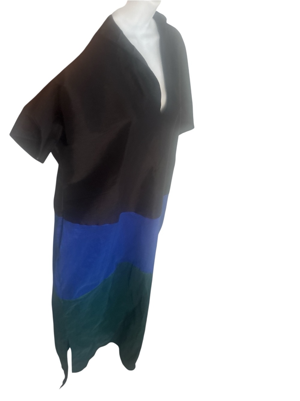 Vintage V NECK color block solid SILKY Maxi Dress Kaftan with hoodie Runway styl
